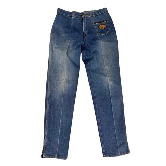 VTG 80s 90s Italian Toscani Blue Jeans Sz M Embroidered Flowers 1 Zip Pocket - Picture 1 of 6